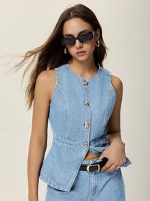 Poéselle 女士休闲牛仔单排扣背心和裤子套装，夏季