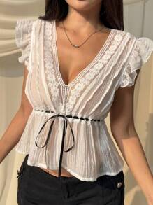 SHEIN EZwear 女士撞色蕾丝小袖系腰时尚衬衫 - 白色 - 查看 6