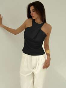 Aloruh Áo ba lỗ cổ tròn xoắn trang trí màu đen trơn mới, áo không tay thường ngày, dành cho đi chơi - màu đen - Xem 6