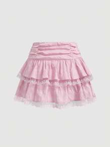 SHEIN MOD Women's Solid Color Ruffle Hem Short A-Line Skirt - Pink - View 2