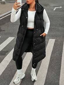 SHEIN EZwear Plus Size Long Hooded Black Winter Vest Jacket - Black - View 3