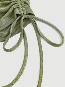 SHEIN MOD Plus Size Women's Olive Green Summer Elegant Wedding Guest Top,Drawstring Oblique Shoulder Cinched Waist Camisole,Bohemian Holiday Blouse - Green - View 9