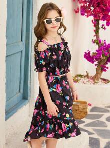 SHEIN Tween Girl Vacation Style Ditsy Floral Off Shoulder Crop Top & Mini Skirt 2 Pieces Set - Black - View 6