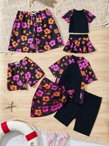 Pantalones cortos de playa de tela tejida con estampado retro de hibisco para hombre, para combinar en familia con mamá y yo (se venden 4 piezas por separado), estilo hawaiano - Multicolor - Ver 7