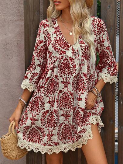 Breezaya Women's Ditsy Floral V-Neck Vintage Pattern Lace Patchwork Casual Summer Dress Women Short Dresses Summer