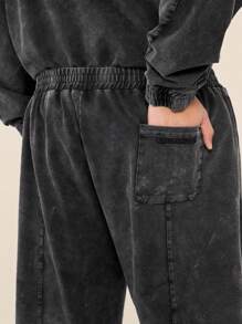 EASEVO 大码男式休闲水洗连帽衫和慢跑裤套装 - 黑色 - 查看 6