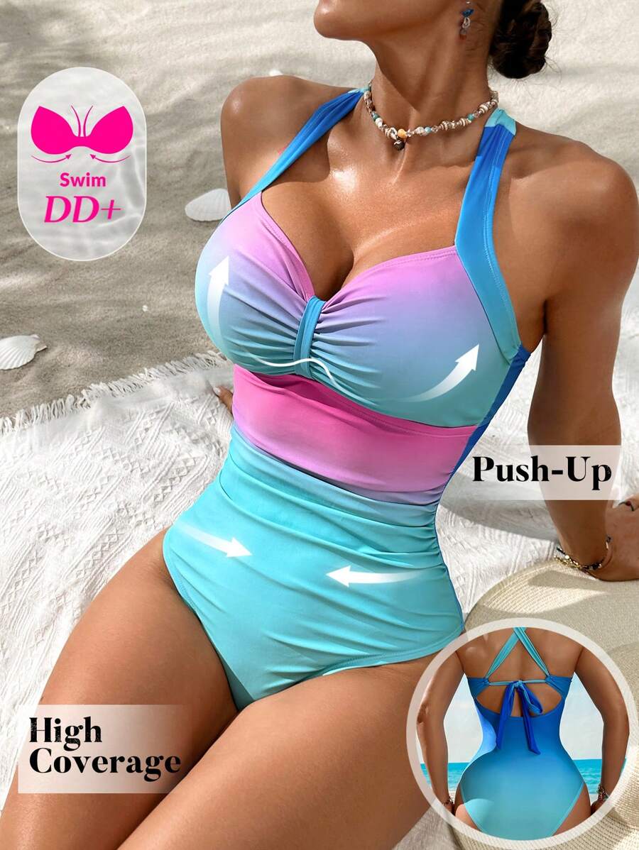 Voyashape 1pc Women's Ombre Ruched Sexy Halter One Piece Swimsuit, For Vacation For Summer