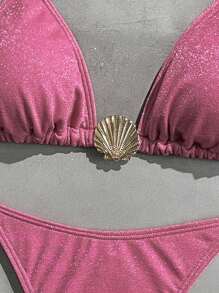 Swim Vcay Women's Shiny Fabric Halter Neck Shell Decor Sexy Pink Bikini Set For Summer Beach Vacation - Hot Pink - View 4