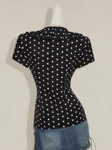 SHEIN ICON Black & White Polka Dot Top Pattern Pleated Decoration Women Blouse - Black and White - View 2