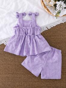Vintaside Kids Baby Girl Vacation Burnout Embroidery Bowknot Shoulder Design Ruffle Hem Crop Top And Shorts Cute Casual 2-Piece Set - Purple - View 2