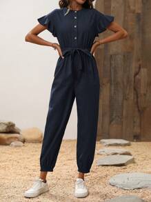 Chiquease Women's Summer Solid Color Single-Breasted Round Neck Ruffle Short Sleeve Casual Jumpsuit