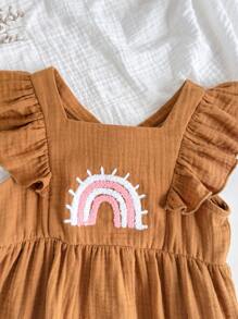Loomiva Baby Girl Rainbow Pattern Square Neck Small Cap Sleeve Bodysuit, Casual And Versatile - Yellow - View 3