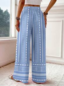 Travachic Women's Geometric Print Loose Wide Leg Casual Vacation Pants,Fall Women Clothes - Blue - View 2
