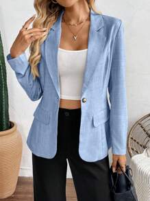 EMERY ROSE 多色梭织长袖休闲西装外套 - 淺藍色 - 查看 6