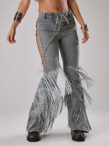 MUSERA Jeans con flecos, cordones y vuelo para primavera, verano, vacaciones, Ibiza, festivales, chica cool, náufrago