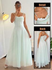 Chiquease Women's Elegant Sheer Chiffon Ruffle Tie Strap Dress, Suitable For Afternoon Tea Gatherings, Vacations, Parties, Daily Wear - Mint Green - View 3
