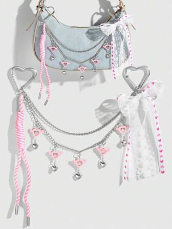 Kawaii 1pc Fashionable & Minimalist Silver Hollow Chain, CCB Resin Heart Wings Round Pearl Net Tulle Bow Braided Rope DIY Keychain Bag Charm Accessory, Elegant Gift For Women