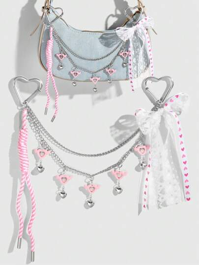 Kawaii 1pc Fashionable & Minimalist Silver Hollow Chain, CCB Resin Heart Wings Round Pearl Net Tulle Bow Braided Rope DIY Keychain Bag Charm Accessory, Elegant Gift For Women