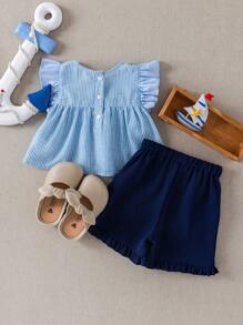 PrepCrw Toddler Girls Preppy Style Bow Decor Blue Stripe T-Shirt & Shorts 2pcs Set,Navy Blue,Summer,Cute,Vacation,Holiday School Uniform Outfits - Blue and White - View 2