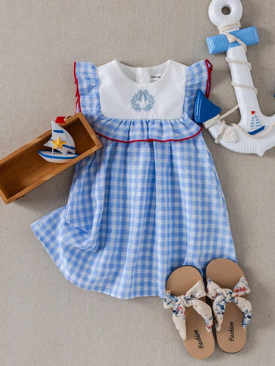 PrepCrw 女婴海军蓝度假风格子无袖连衣裙 - 藍白色 - 查看 1