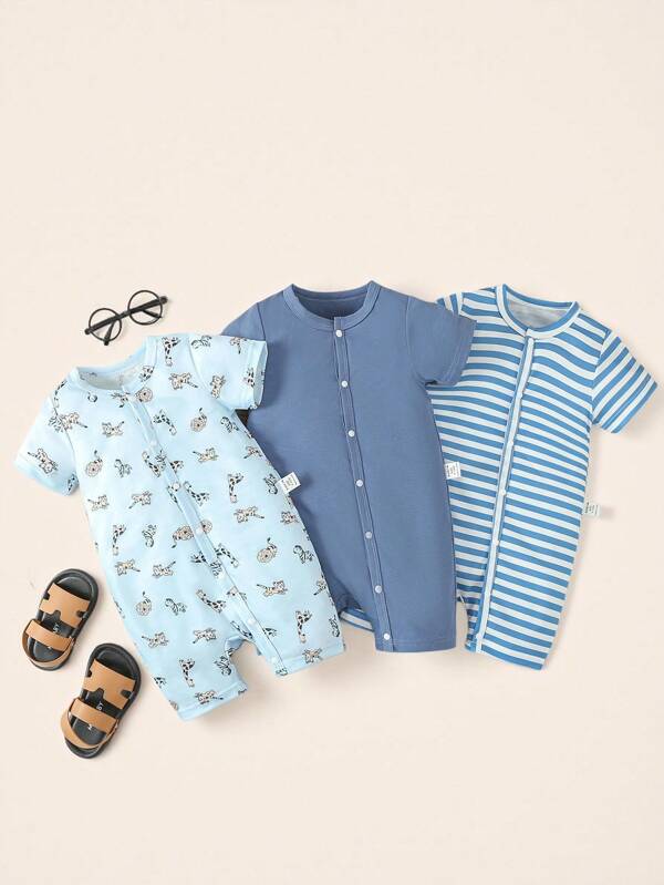 SHEIN Baby Jungen Mode Lässiger gestreifter bedruckter Romper, Drei Stücke Kombination für Frühling und Sommer
