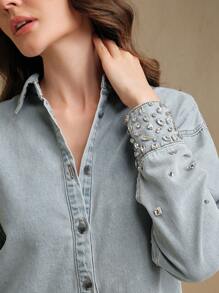 Anewsta Camisa vaquera con aplicaciones de piedras para mujeres, versátil y casual, elegante y de estilo business casual