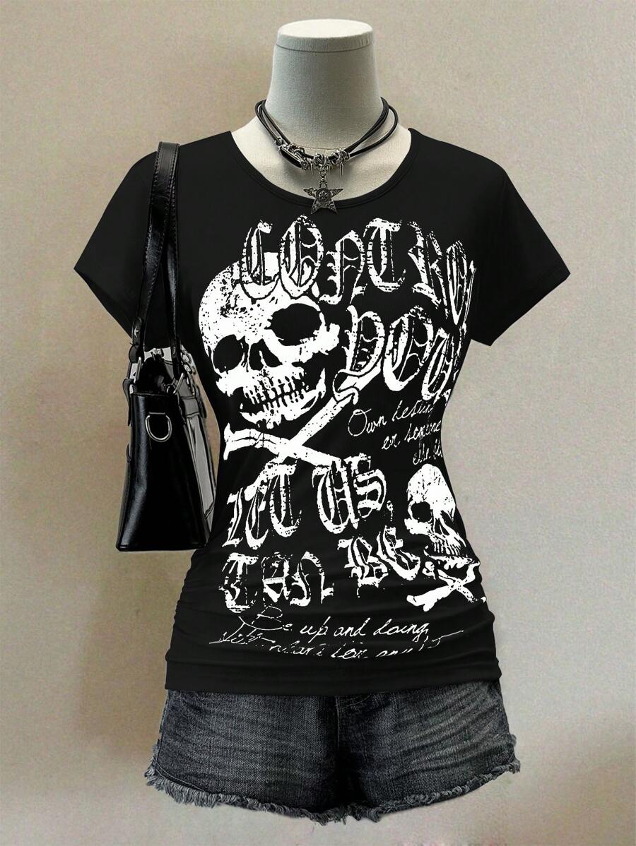 Rina Fox Women's Summer Slim Fit Punk Casual T-Shirt With Skull Print, Black - Black - View 1