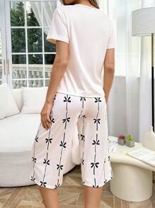 SHEIN 豹纹苹果蝴蝶结装饰短袖和短裤睡衣套装女士睡衣套装夏季女士睡衣套装女士睡衣套装夏季家居服女士睡衣 - 彩色 - 查看 2