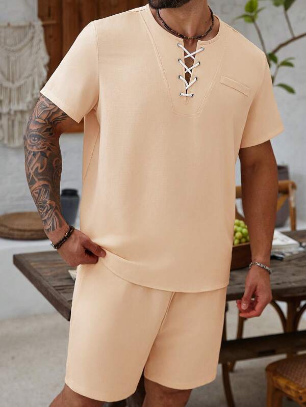 ResortEase 2 Stücke Kurzarm Set für Herren im orientalischen Stil aus Leinen