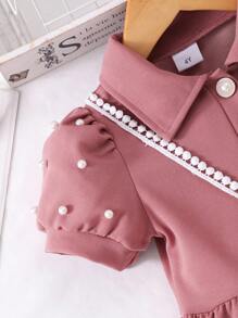 女童纯色领泡泡袖前开可爱夏季连衣裙，配迷你包 - 藕粉色 - 查看 7