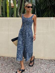 Livesso 女士夏季提花U领弹力腰无袖牛仔连衣裙度假装 - 藍色 - 查看 3