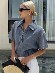 Livesso Chaqueta corta de mezclilla con cierre parcial de cremallera y manga corta de unicolor, casual de verano para mujer - Azul - Ver 6