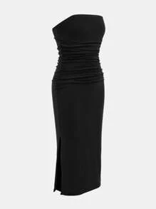 SHEIN Vestido casual para meninas adolescentes, estilo urbano, preto, com fenda na coxa, justo, roupa de família combinando para o verão