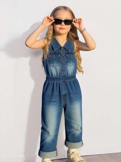 SHEIN Playful Pals 1 件年轻女孩时尚牛仔连体裤，休闲水洗蓝色无袖翻领阔腿工装裤，松紧腰带，口袋，百搭复古风格，适合春夏季