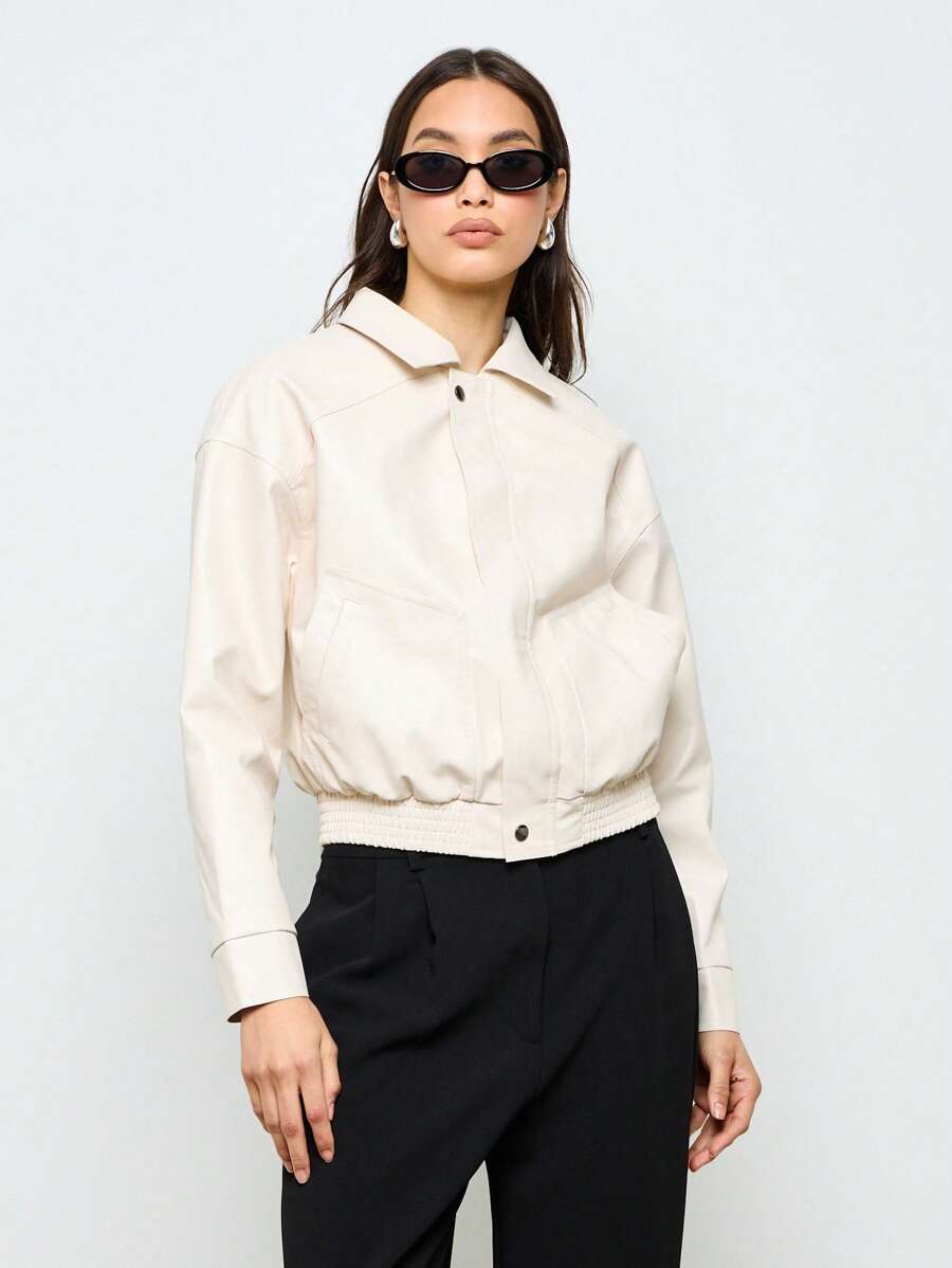 AiiRZ 短款飞行员夹克弹性腰部 Y2K 时尚秋冬外套休闲街头风格短款拉链外套 - 白色 - 查看 1