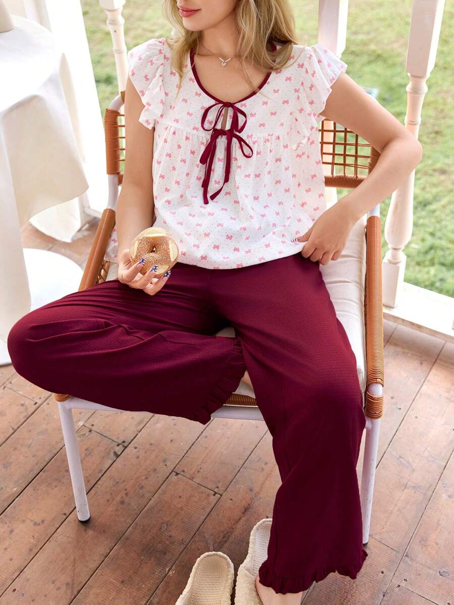 Dream Adore Conjunto de pijama con top de corbata al frente y pantalones con estampado de lunares y cuello contrastante con moño para mujer