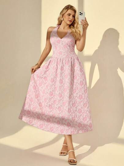 Auralis 大码女式花卉提花吊带腰优雅连衣裙