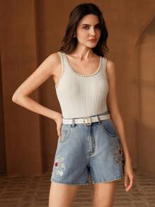 Anewsta Fashionable Niche Embroidered Denim Shorts For Women - Blue - View 7