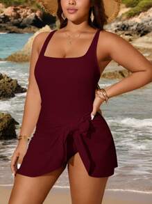 SHEIN Swim Curve Plus Size Solid Color Tie-Front Swimsuit Skirt, Beach Resort Style For Summer Beach Vacation