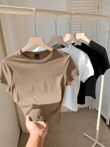 SHEIN Tall CURVE Bộ 4 món áo thun trơn cổ tròn tay ngắn màu trơn cỡ lớn dành cho nữ, phù hợp cho mùa hè - Nhiều màu - Xem 2