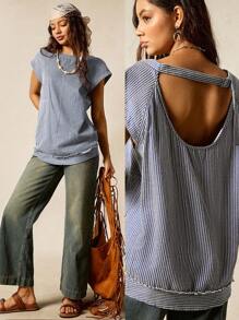 Easelle 女式休闲蓝白条纹露背宽松T恤，春夏 - 藍白色 - 查看 2