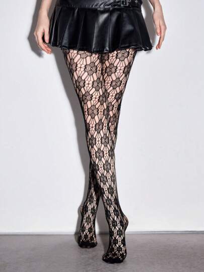 Fairycore بنطلون ضيق/جوارب طويلة/سراويل/بنطلون سكيني نسائي عالي المطاطية بطبعة زهرية سوداء