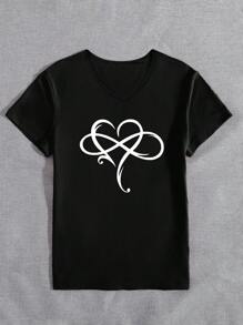 Áo thun nữ cổ chữ V tay ngắn in hình trái tim, áo thun tối giản thường ngày cho trang phục ngoài trời mùa hè - màu đen - Xem 3