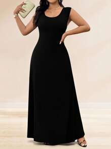 Cravure Plus Size Women's Solid Color Off Shoulder Bodycon Dress, Backless, Elegant For Spring/Summer Party, Suitable For Tall And Slim Appearance - Black - View 2
