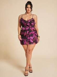 SHEIN BAE 加大码女式荷叶边紫色花朵迷你连衣裙，黑色，春夏，七月四日女装，七月四日，七月四日曲线，度假，女士度假服装，女士性感俱乐部服装，女士生日礼服，女士机场服装，毕业 - 紫色 - 查看 4
