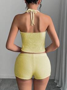 INAWLY 2 pièces/Set Top tricoté avec décoration de strass et dos nu, avec col en ras-du-cou, et short, pour le printemps/été