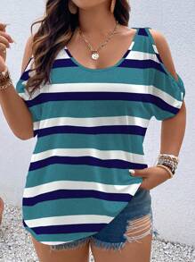 SHEIN LUNE Plus Size Color Block Striped Open Shoulder Short Sleeve Casual T-Shirt, Summer Graphic Tees Women Tops Stripe Topmulticolor Women Blouseswomen Tops Summerstriped Top - Dark Green - View 1