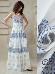 SHEIN LUNE 女士欧美风刺绣收腰V领无袖连衣裙，度假风，春夏款，纯棉