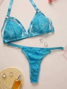 SHEIN Women's Front Closure Metal Chain Sheer Lace Lingerie Set For Going Out - Dusty Blue - View 3