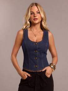 SHEIN Forever 21 Women Romantic/Prom/Formal/Birthday/90s /Business Casual Woman/Elegant/Western Wear/Going Out/Fashion/Casual/Y2k /Club/Office /Cocktail/Vintage/Bodycon/Rave Festival/Funny/Classy/Old Money/Streetwear/Vacation/Country Concert /Work /Modest/Spring Break/Bachelorette /Concert/Baddie/Basic/Graduation/Fitted/Cowgirl /Commuting Fairy Style Denim Top - Blue - View 4